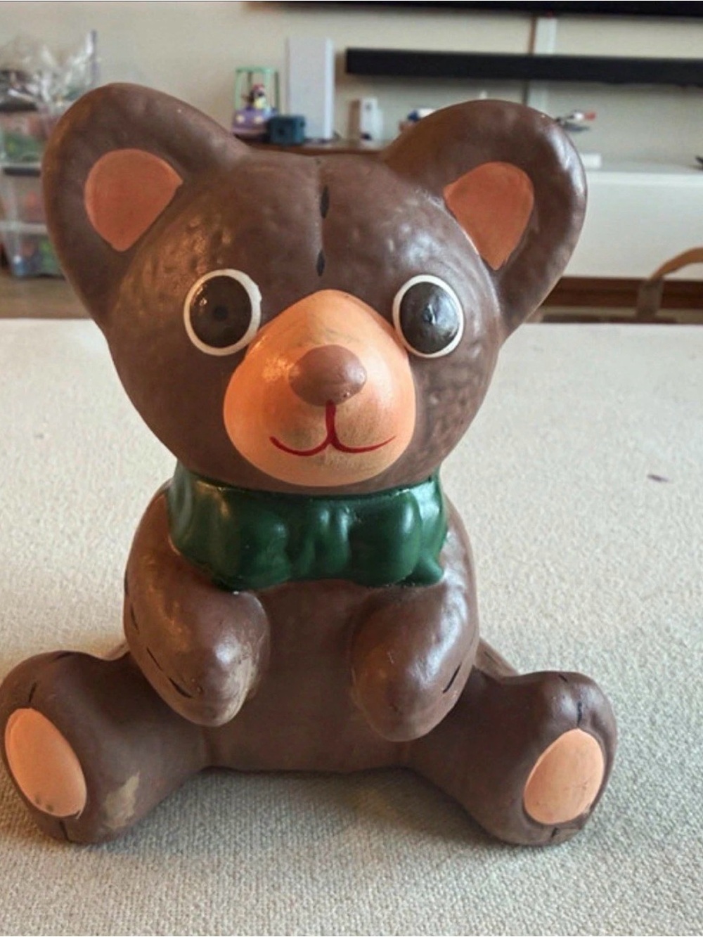 Vintage Ceramic Bear Piggy Bank Brown Bear Figure with Green Bow